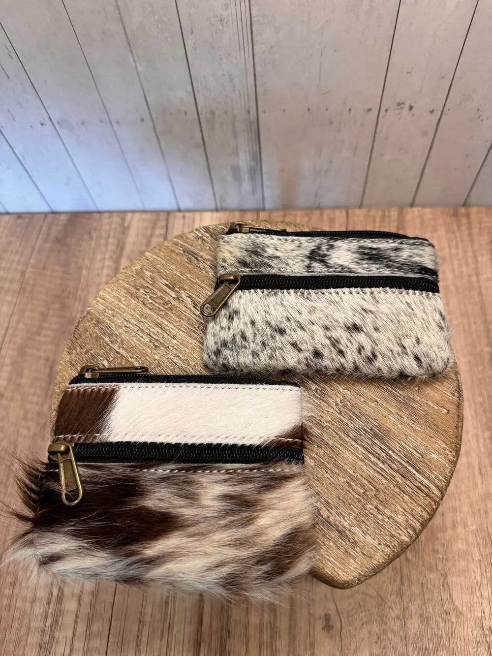Vegan Leather Wallets Set of 2 Double Zip Pouch Black White Brown Pouch